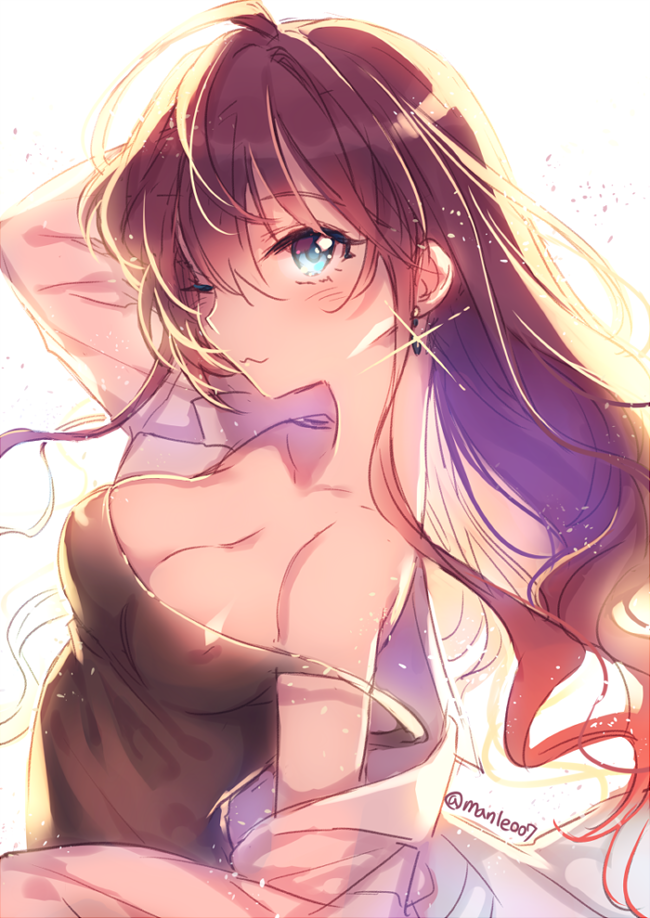 1girl :3 ahoge artist_name black_shirt blue_eyes blush breasts brown_hair cleavage collarbone earrings ichinose_shiki idolmaster idolmaster_cinderella_girls jacket jewelry large_breasts looking_at_viewer manle off_shoulder one_eye_closed see-through shirt simple_background solo sparkle white_background white_jacket