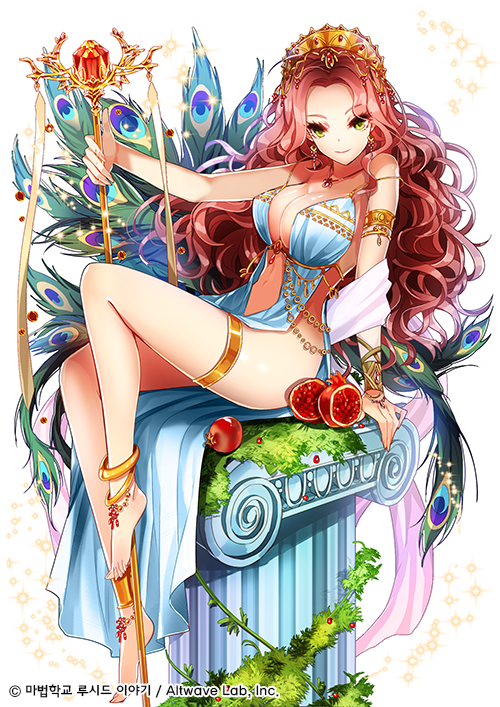 anklet armlet bare_legs barefoot barefoot_sandals column curly_hair dress earrings fantasy food fruit grass greek_mythology green_eyes hera_(p&amp;d) interitio jewelry long_hair official_art original peacock_feathers pillar pomegranate puzzle_&amp;_dragons redhead sitting smile staff tiara wavy_hair