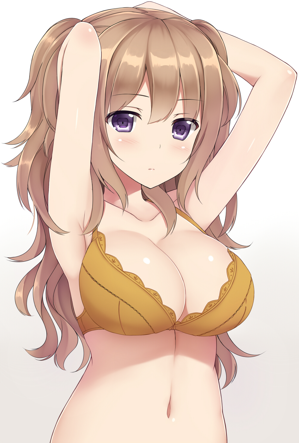 1girl armpits arms_up blush bra breasts brown_bra brown_hair cleavage collarbone highres large_breasts long_hair looking_at_viewer mizunashi_kenichi navel original solo two_side_up underwear underwear_only upper_body violet_eyes