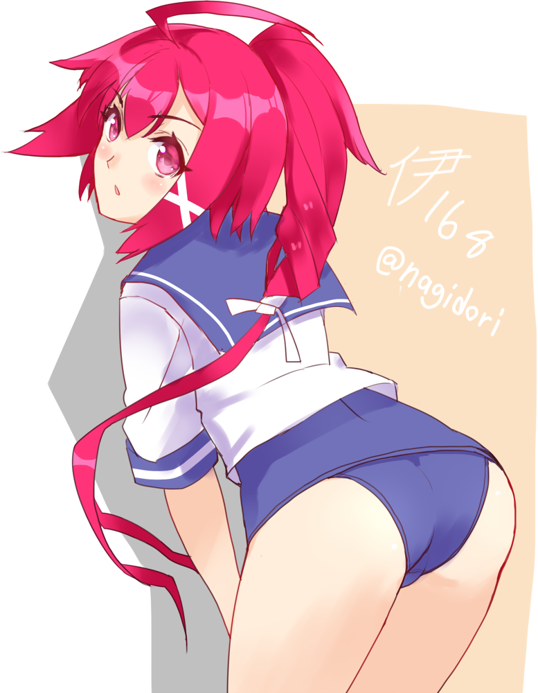 1girl ahoge ass character_name cowboy_shot from_behind hair_ribbon i-168_(kantai_collection) kantai_collection leaning_forward long_hair looking_back nagidori parted_lips ponytail red_eyes redhead ribbon school_swimsuit school_uniform serafuku short_sleeves simple_background solo standing swimsuit swimsuit_under_clothes twitter_username