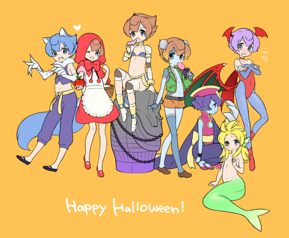 6+boys alternate_hair_color animal_ears apple arm_support bandages bare_shoulders basket bat bat_wings blonde_hair blue_eyes blue_hair blue_skin blush bridal_gauntlets brown_hair candy chain chinese_clothes choker cleavage_cutout cosplay crossdressinging demon_boy eating elbow_gloves english fangs fingerless_gloves flat_chest food food_on_face frankenstein's_monster frankenstein's_monster_(cosplay) fruit gloves halloween happy_halloween hat head_wings heart hood inazuma_eleven_(series) inazuma_eleven_go jiangshi lei_lei lei_lei_(cosplay) lilith_aensland little_red_riding_hood little_red_riding_hood_(cosplay) little_red_riding_hood_(grimm) lollipop long_hair male_focus mary_janes matsukaze_tenma merman midriff monster_boy multiple_boys multiple_persona mummy navel ofuda one_eye_closed open_mouth orange_background pantyhose purple_hair shoes short_hair short_shorts shorts simple_background sitting squatting stitches tagme tail tears tooru vampire_(game) walking werewolf wings