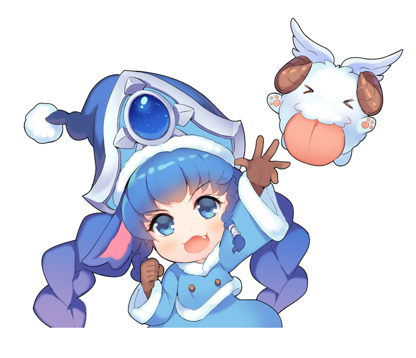&gt;_&lt; 1girl blue_eyes blue_hair braid closed_eyes dakun fang gloves hat horns league_of_legends long_hair looking_at_viewer lulu_(league_of_legends) open_mouth poro solo tongue twin_braids twintails white_background