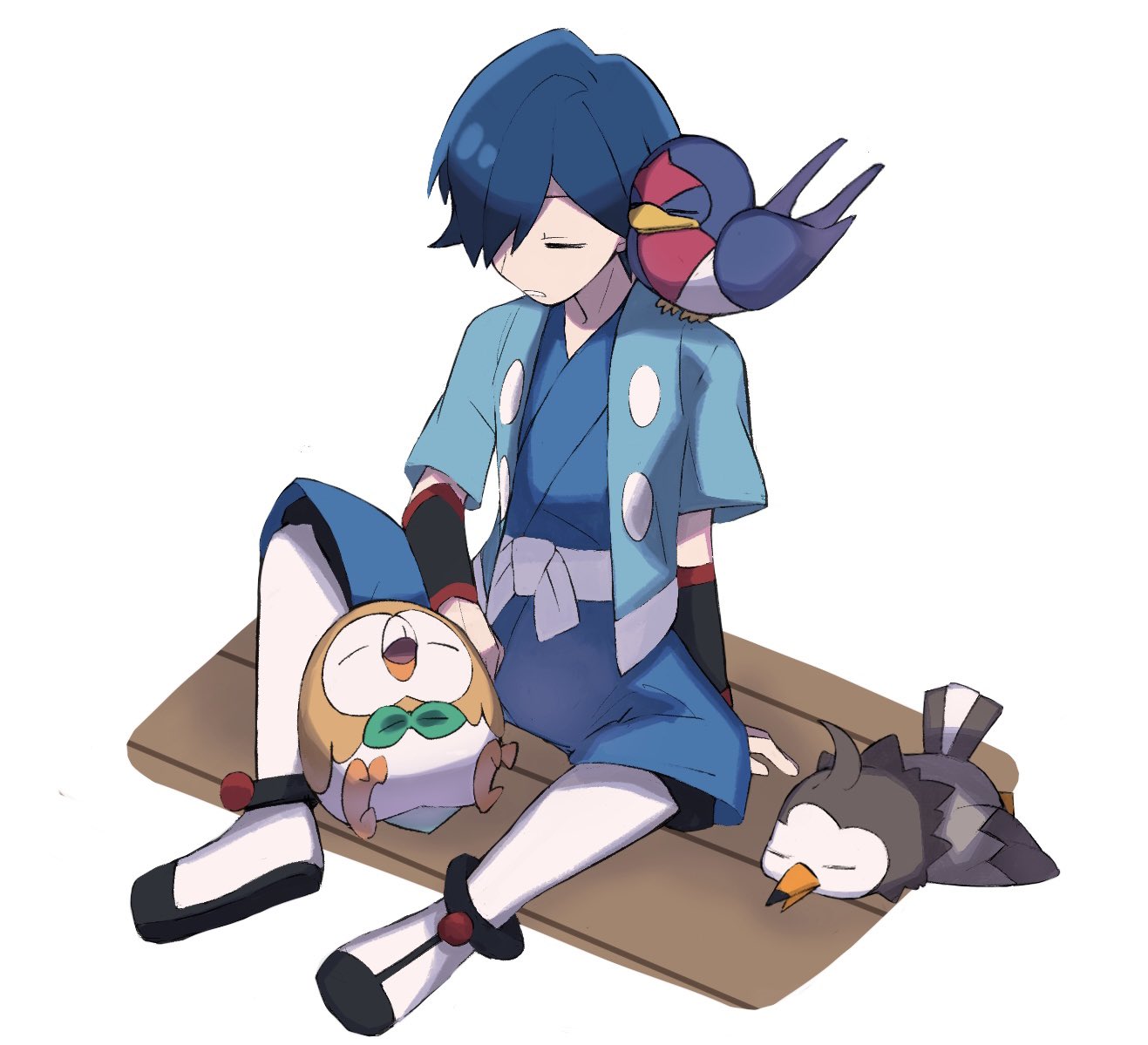 1boy arm_support black_wristband blue_hair blue_jacket blue_kimono closed_eyes falkner_(pokemon) hair_over_one_eye jacket japanese_clothes kimono kneehighs male_focus on_shoulder open_clothes open_jacket parted_lips pokemon pokemon_(creature) pokemon_(game) pokemon_hgss pokemon_on_shoulder rowlet sash shoes short_hair short_sleeves sitting sleeping spread_legs starly taillow tyako_089 white_legwear wristband