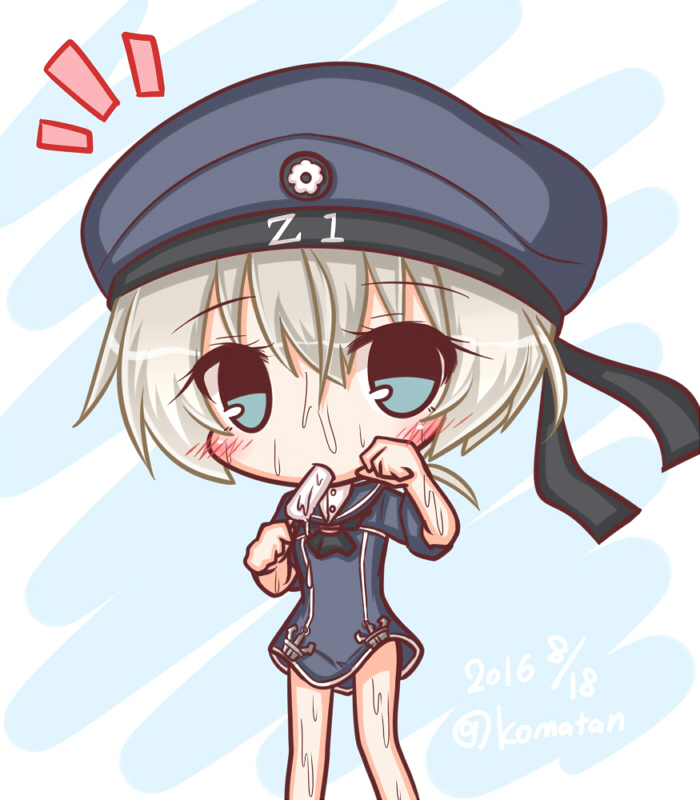 1girl ascot bangs black_neckwear black_ribbon blue_eyes blush dated dress eating eyebrows_visible_through_hair food food_in_mouth hair_between_eyes hat head_tilt holding holding_food hot kantai_collection komakoma_(magicaltale) looking_at_viewer navy_blue_dress navy_blue_hat peaked_cap popsicle ribbon sailor_dress short_dress short_hair short_sleeves silver_hair solo sweat twitter_username z1_leberecht_maass_(kantai_collection)