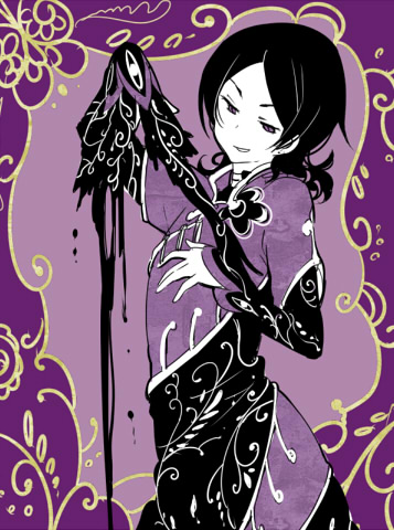 1boy androgynous black_hair china_dress chinese_clothes gopher lowres monochrome purple short_hair shuri_(84k) solo soul_eater