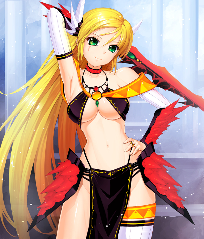 amane_satsuki arm_up armpits asymmetrical_legwear blonde_hair breasts collar collarbone detached_sleeves emerald gem green_eyes hand_behind_head hand_on_hip headwear holding_sword holding_weapon jewelry midriff navel original ring ruby_(stone) smile spiked_collar spikes sword thigh-highs under_boob weapon