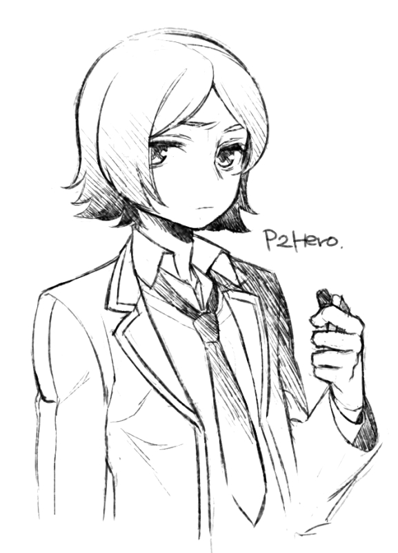 1boy character_name male_focus monochrome necktie persona persona_2 short_hair sketch solo suou_tatsuya tooru white_background
