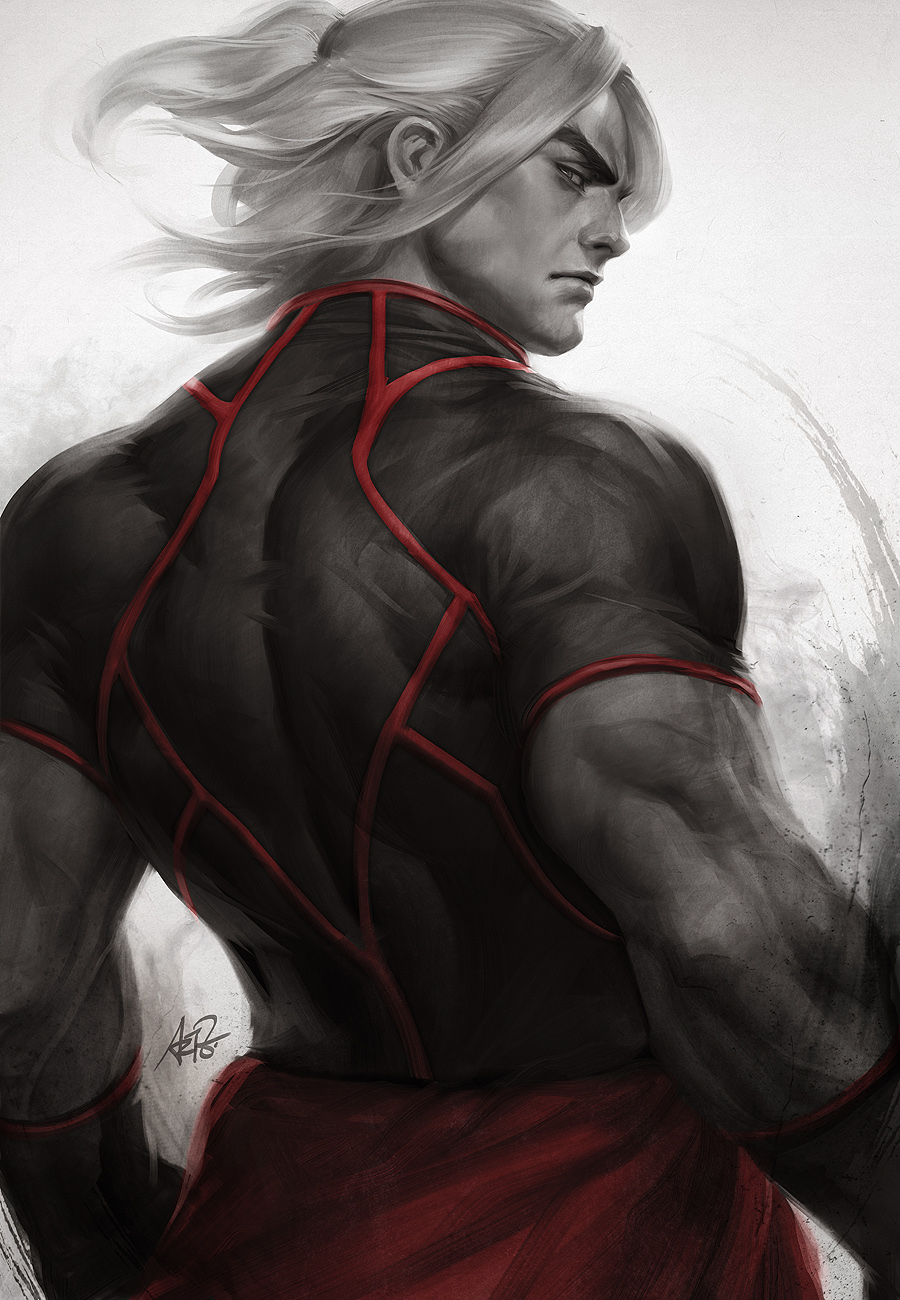 1boy from_behind highres ken_masters looking_at_viewer looking_back monochrome muscle serious shirt short_sleeves signature stanley_lau street_fighter street_fighter_v