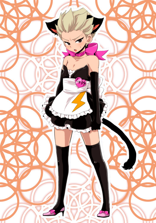 1boy animal_ears black_gloves blush boots bow cat_ears cat_tail crossdressinging dress elbow_gloves gloves gouenji_shuuya high_heel_boots high_heels inazuma_eleven inazuma_eleven_(series) male_focus okuretun short_hair solo sweatdrop tail thigh-highs thigh_boots white_hair