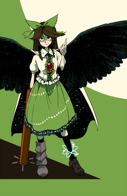 1girl alternate_eye_color alternate_hair_color arm_cannon black_shoes black_wings bow brown_eyes brown_hair cape feathered_wings frilled_skirt frills green green_skirt hair_bow hebmu11er large_wings long_skirt looking_afar metal_boots mismatched_footwear pointing pointing_up reiuji_utsuho shaded_face shirt shoes single_boot single_shoe skirt smile solo space third_eye touhou weapon white_shirt wings