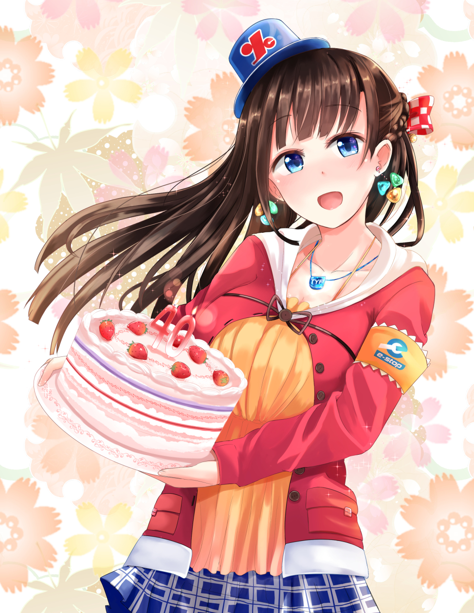 1girl 40 :d armlet blue_eyes blue_skirt brown_hair cake candle checkered checkered_skirt collarbone cowboy_shot earrings fire floral_background food fruit hat highres jacket jewelry mini_hat naigou necklace number open_clothes open_jacket open_mouth orange_shirt original plate red_jacket shirt skirt smile strawberry unbuttoned