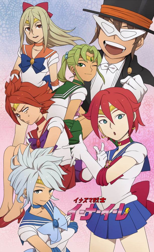 6+boys afuro_terumi bishoujo_senshi_sailor_moon blonde_hair blue_skirt bow brown_hair choker cosplay crossdressinging elbow_gloves endou_mamoru gloves green_eyes green_hair green_skirt hat high_heels inazuma_eleven inazuma_eleven_(series) kiyama_hiroto long_hair magical_girl male_focus mask midorikawa_ryuuji mosako multiple_boys nagumo_haruya one_eye_closed open_mouth orange_skirt otoko_no_ko red_bow redhead sailor_collar sailor_jupiter sailor_jupiter_(cosplay) sailor_mars sailor_mars_(cosplay) sailor_mercury sailor_mercury_(cosplay) sailor_moon sailor_moon_(cosplay) sailor_senshi sailor_venus sailor_venus_(cosplay) short_hair silver_hair skirt smile suzuno_fuusuke tears top_hat tuxedo tuxedo_kamen tuxedo_kamen_(cosplay) white_gloves