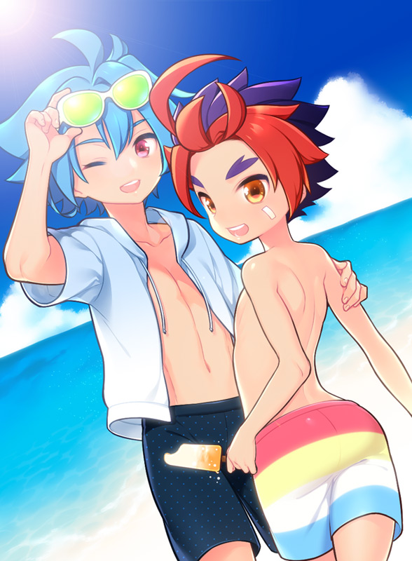2boys blue_hair blue_sky clouds dutch_angle eyebrows forked_eyebrows future_card_buddyfight horizon looking_at_viewer male_focus mikado_gaou multicolored_hair multiple_boys one_eye_closed open_mouth outdoors popsicle purple_hair red_eyes redhead ryuuenji_tasuku sky sunglasses tooru two-tone_hair water yellow_eyes