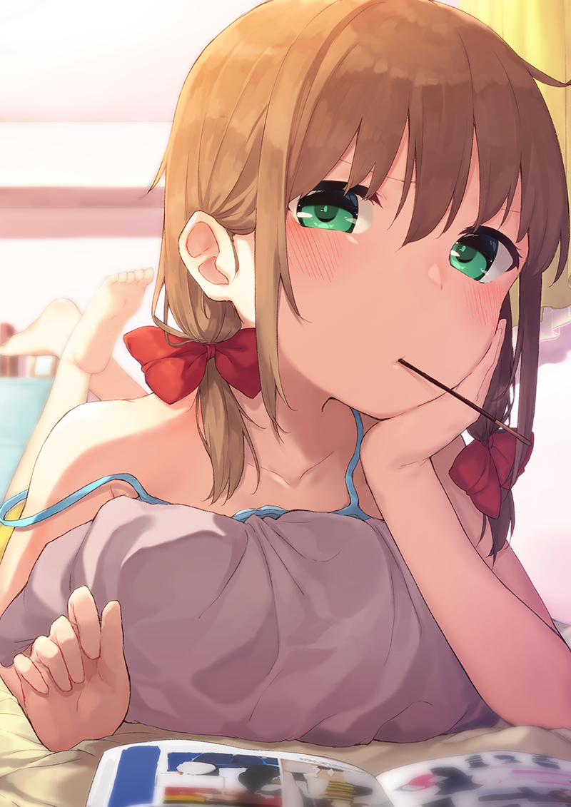 1girl bare_shoulders barefoot blush book brown_hair green_eyes lying mouth_hold on_stomach original pillow pocky short_hair short_twintails solo tofu1601 twintails