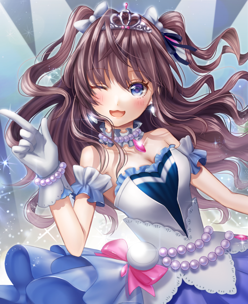 1girl :d ;d armlet bare_shoulders beads blue_eyes blush bow bracelet brown_hair collar collarbone dress earrings frills gloves hair_bow i_(imotarere) ichinose_shiki idolmaster idolmaster_cinderella_girls jewelry looking_at_viewer one_eye_closed open_mouth sleeveless sleeveless_dress smile solo sparkle spotlight tiara two_side_up upper_body white_dress white_gloves
