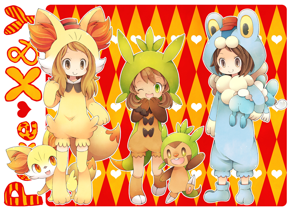 1boy 2girls animal_ears argyle argyle_background bangs blonde_hair boots bow brown_eyes brown_hair calme_(pokemon) carrying character_hood chespin chibi closed_mouth copyright_name fennekin froakie green_eyes hat heart hoodie long_hair looking_at_viewer multiple_girls nose_bubble one_eye_closed pokemon pokemon_(creature) pokemon_(game) pokemon_xy red_eyes sana_(pokemon) serena_(pokemon) sleeping smile standing swept_bangs tail twintails uppi