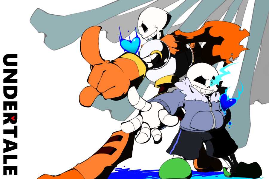 2boys armor bone brothers copyright_name glowing glowing_eye heart hoodie multiple_boys papyrus_(undertale) pointing sans scarf shorts siblings skeleton slippers t_clocks tagme undertale white_background