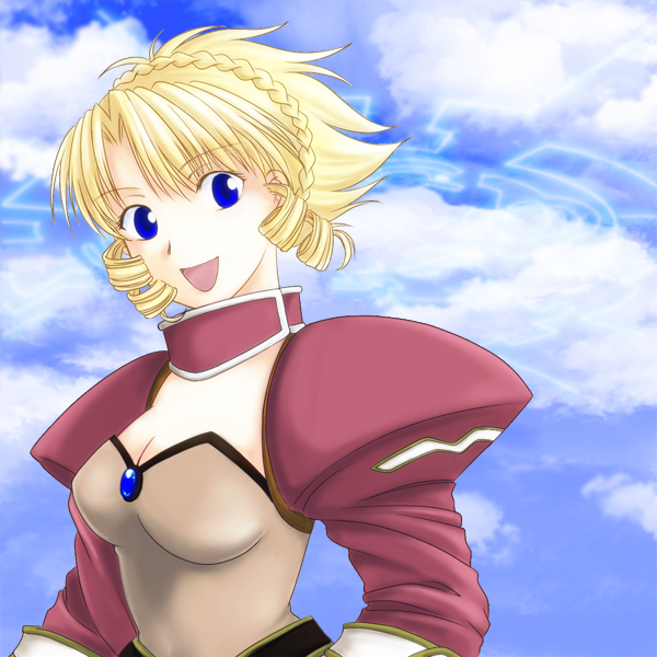 1girl :d blonde_hair blue_eyes breasts cleavage clouds cloudy_sky drill_hair gem open_mouth pacifica_casull ponytail scrapped_princess shoulder_pads sky smile solo twin_drills upper_body yuki_tomo