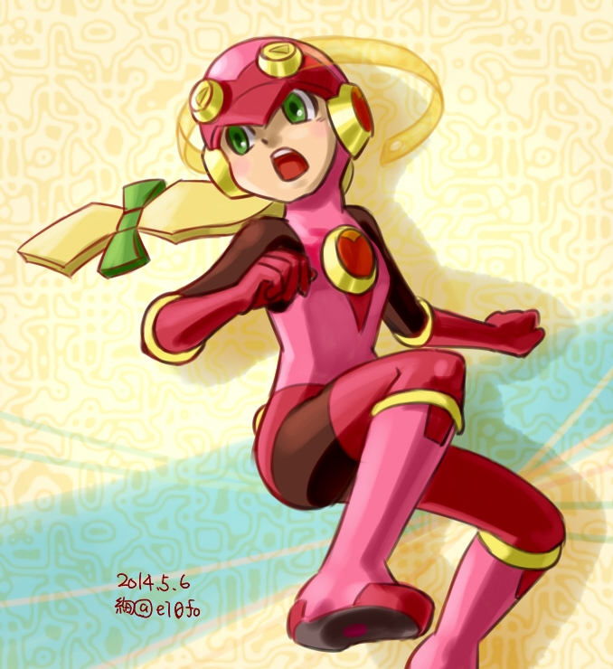 1girl blonde_hair bodysuit boots gloves green_eyes helmet long_hair open_mouth pink_boots rockman rockman_exe roll_exe solo