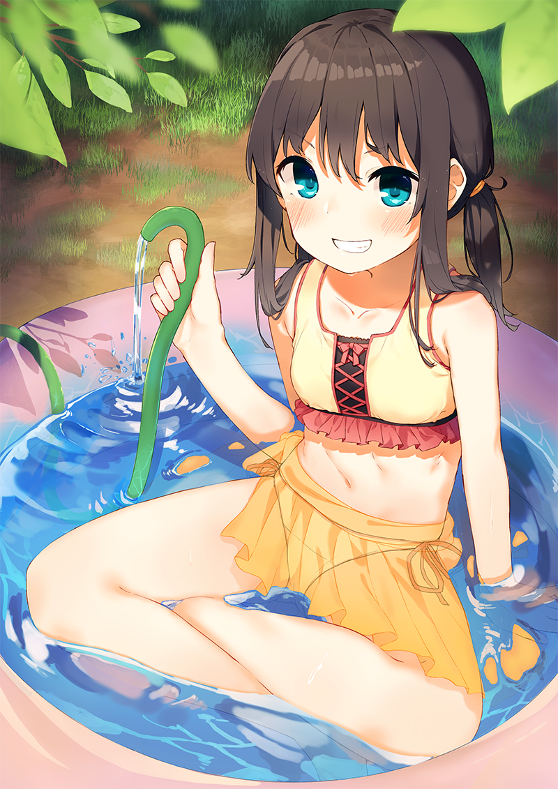 1girl arm_support bare_shoulders bikini blue_eyes blush brown_hair grass grin hose indian_style long_hair navel original see-through sitting smile solo swimsuit tofu1601 twintails wading_pool water