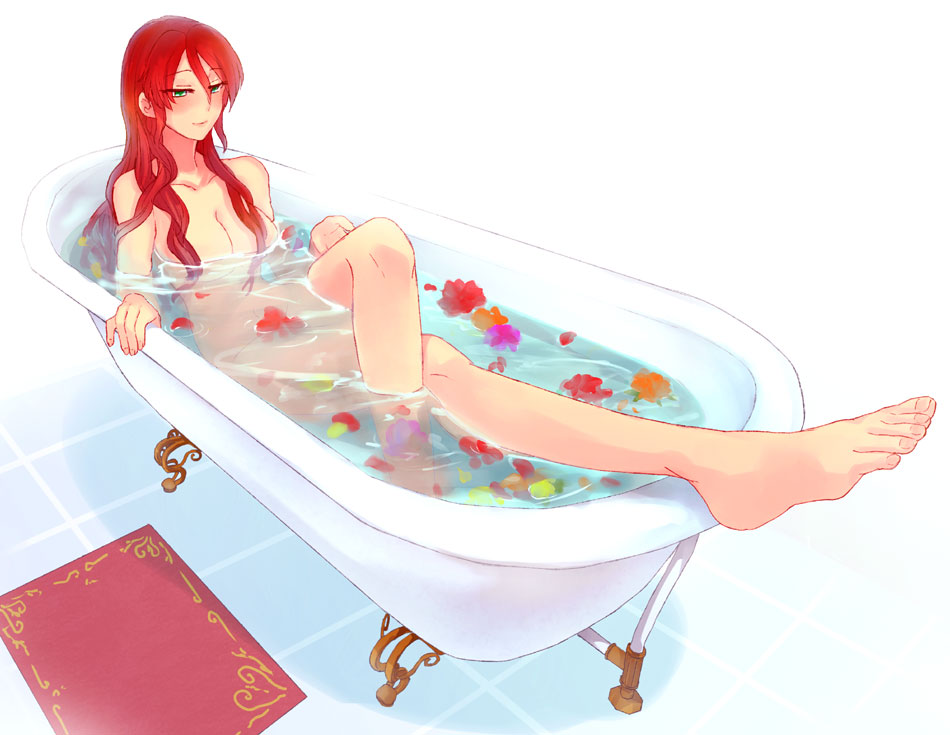 1girl artist_request bath breasts cleavage flower green_eyes long_hair nude pyrrha_nikos redhead rwby solo