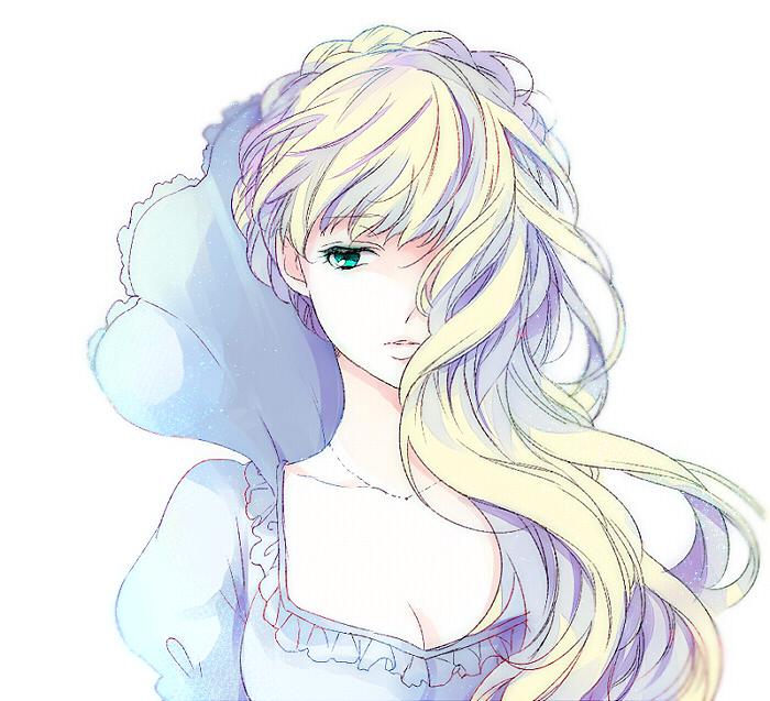 1girl aldnoah.zero amy26 asseylum_vers_allusia blonde_hair blue_dress breasts cleavage collarbone dress green_eyes hair_over_one_eye jewelry long_hair looking_away necklace parted_lips simple_background solo upper_body white_background