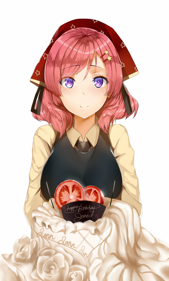 1girl hair_ornament hairclip happy_birthday headwear heart hews_hack holding looking_at_viewer love_live!_school_idol_project nishikino_maki pink_hair short_hair simple_background smile solo star_print tomato violet_eyes white_background