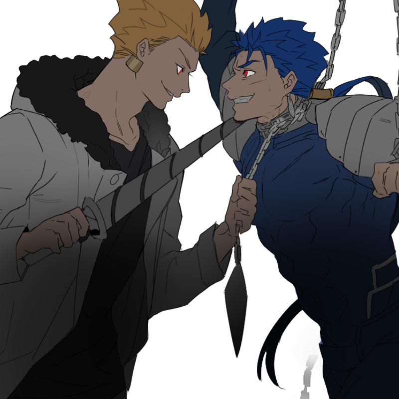 2boys blonde_hair blue_hair chain drill fate/stay_night fate_(series) gilgamesh lancelot_(smalock) lancer multiple_boys sword tied_up weapon