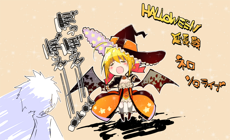 1boy 1girl ahoge bat_wings blush breasts chibi cleavage closed_eyes fate/grand_order fate_(series) floating hair_ribbon halloween hand_on_own_chest hat ishiki_(okota) long_sleeves looking_at_another male_protagonist_(fate/grand_order) outstretched_arm ribbon saber_extra short_hair singing sparkle spiky_hair star translation_request wings witch_hat