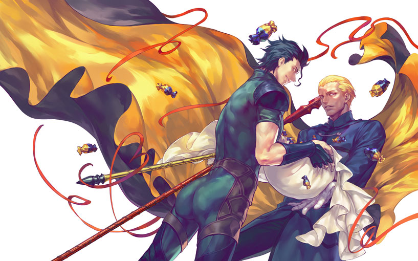 2boys black_hair blonde_hair candy cape cloak fate/zero fate_(series) gae_buidhe gae_dearg gloves hangleing kayneth_archibald_el-melloi lancer_(fate/zero) multiple_boys polearm spear weapon