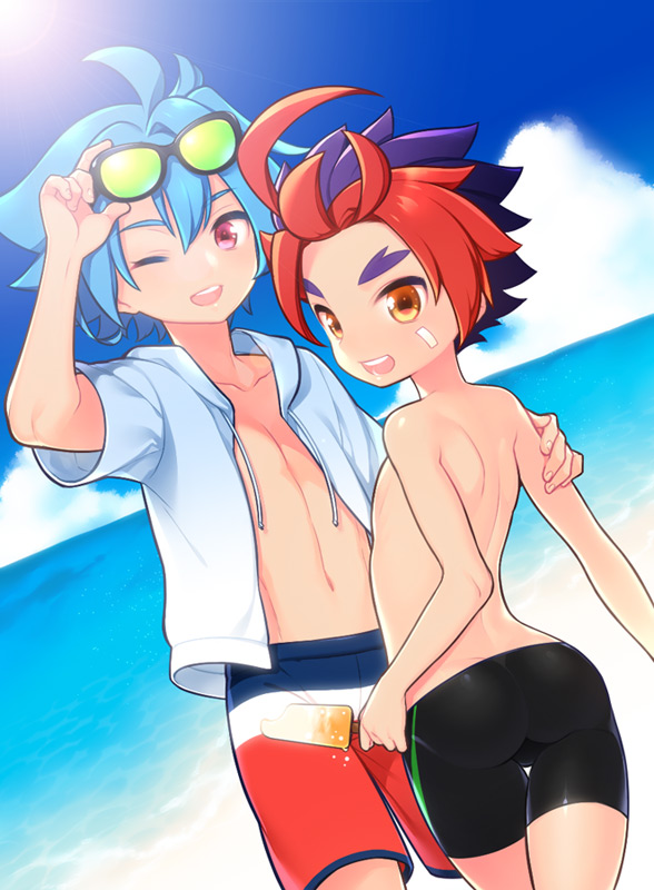2boys ass blue_hair blue_sky clouds dutch_angle eyebrows forked_eyebrows future_card_buddyfight horizon looking_at_viewer male_focus mikado_gaou multicolored_hair multiple_boys one_eye_closed open_mouth outdoors popsicle purple_hair red_eyes redhead ryuuenji_tasuku sky sunglasses thigh_gap tooru two-tone_hair water yellow_eyes