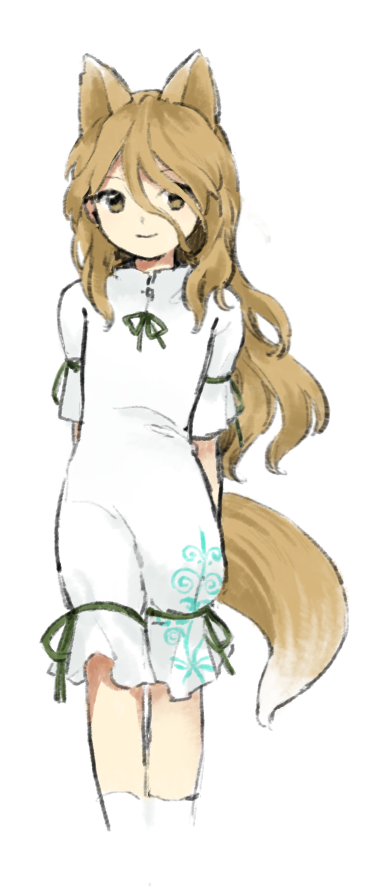 1girl alternate_hairstyle animal_ears bangs bow brown_eyes brown_hair closed_mouth eyebrows_visible_through_hair fox_ears fox_tail green_bow hair_between_eyes jumpsuit kaigen_1025 kudamaki_tsukasa light_brown_hair long_hair looking_to_the_side short_sleeves simple_background smile socks solo standing tail touhou wavy_hair white_background white_jumpsuit white_legwear white_sleeves