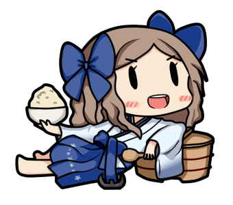 1girl asakaze_(kantai_collection) bamomon blush bow bowl brown_hair chibi commentary_request fairy_(kantai_collection) food hair_bow hair_ribbon hakama holding holding_bowl japanese_clothes kantai_collection light_brown_hair long_hair lowres meiji_schoolgirl_uniform open_mouth ribbon solo wavy_hair