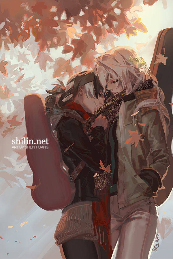 1boy 1girl black_jacket cello_case closed_eyes clothes_tug couple falling_leaves grey_jacket hands_in_pockets jacket leaf long_sleeves maple_leaf open_clothes open_jacket original pants pantyhose parted_lips red_scarf scarf shilin smile sweater under_tree violin_case watermark web_address white_pants