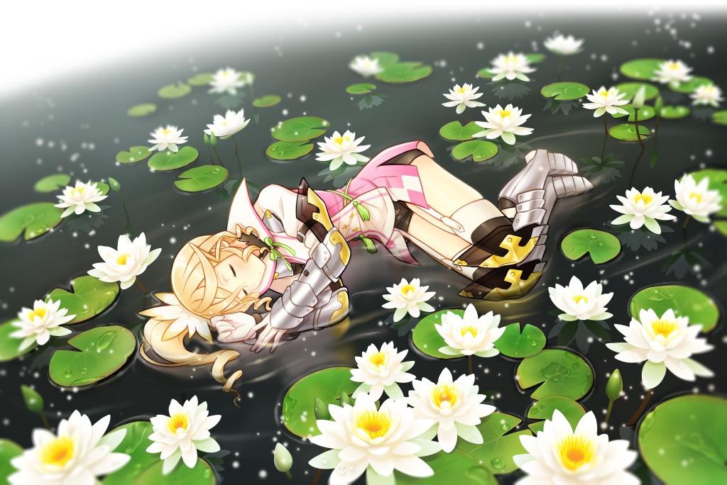 1girl alisha_diphda armor boots brown_hair deretta gauntlets gloves knee_boots pond side_ponytail sleeping solo tales_of_(series) tales_of_zestiria water
