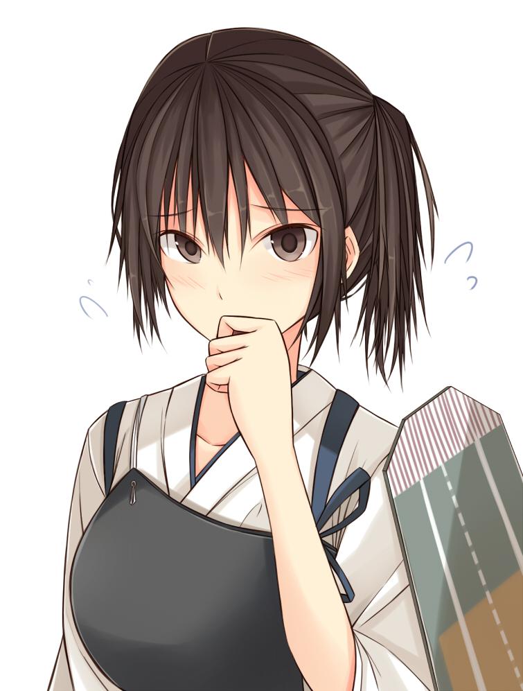 1girl blush brown_eyes brown_hair covering_mouth flying_sweatdrops japanese_clothes kaga_(kantai_collection) kanpyo_(hghgkenfany) kantai_collection looking_at_viewer muneate short_hair side_ponytail solo upper_body white_background