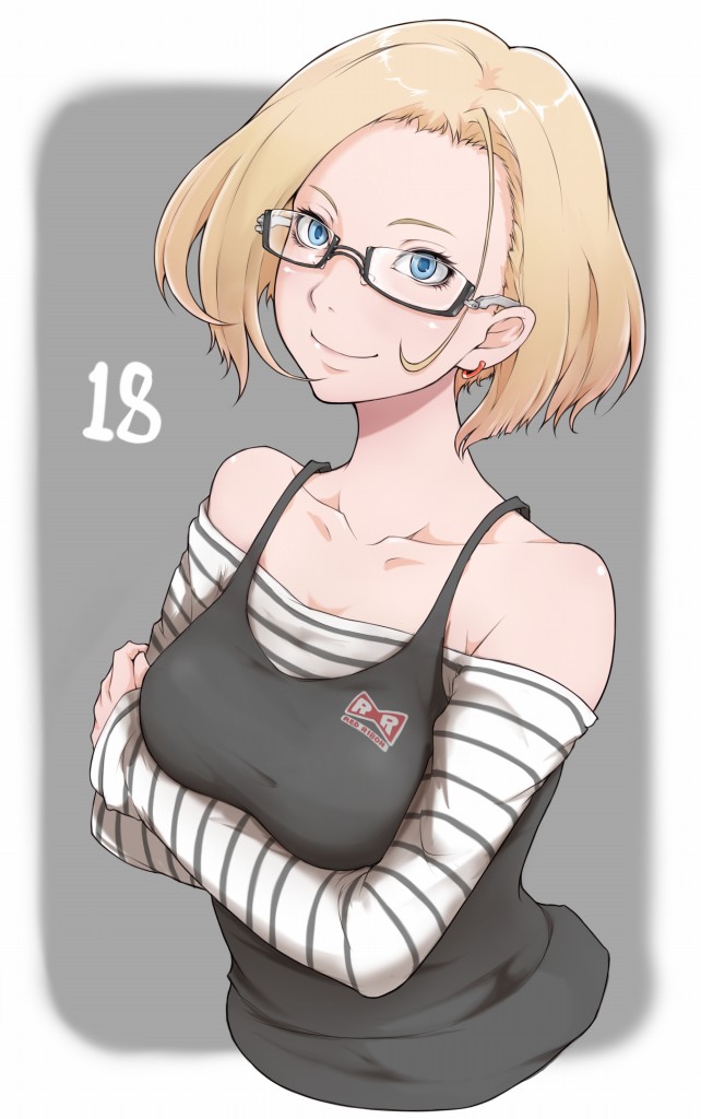 1girl android_18 blonde_hair blue_eyes breast_hold dragon_ball earrings glasses ina_(gokihoihoi) jewelry long_sleeves looking_at_viewer semi-rimless_glasses short_hair smile solo striped upper_body