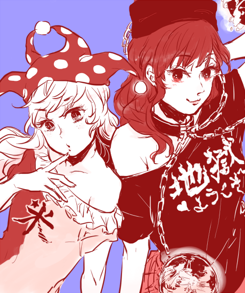 2girls adapted_costume black_shirt blonde_hair blue_background chain clothes_writing clownpiece collar collarbone earth_(ornament) finger_to_mouth flat_chest hat hecatia_lapislazuli jester_cap kimochi lips long_hair looking_at_viewer moon_(ornament) multiple_girls nose off-shoulder_shirt red_skirt redhead shirt short_sleeves side-by-side simple_background skirt sleeveless slit_pupils smile touhou