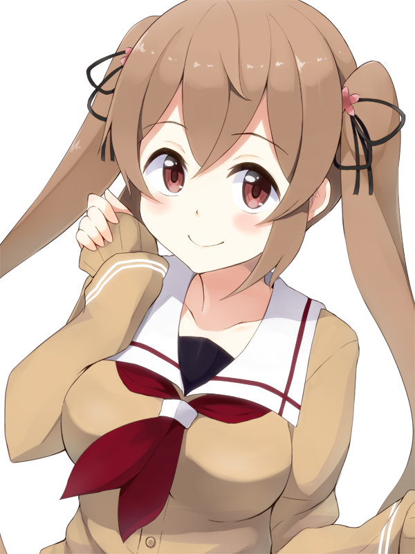 1girl blush breasts brown_eyes brown_hair hair_ornament hair_ribbon kantai_collection light_brown_hair long_hair looking_at_viewer murasame_(kantai_collection) red_eyes ribbon school_uniform serafuku simple_background smile solo sui_(tsuruhibiki) twintails upper_body white_background