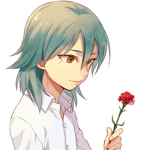 1boy flower green_hair inazuma_eleven_(series) inazuma_eleven_go kariya_masaki long_hair lowres male_focus riho simple_background solo upper_body white_background