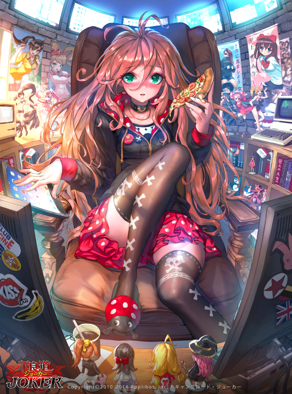 1girl :d animal_ears black_legwear blonde_hair blue_eyes blush book bunnysuit chair computer_keyboard copyright_name dospi figure food furyou_michi_~gang_road~ green_eyes highres jacket jewelry long_hair looking_at_viewer monitor necklace open_mouth orange_hair parted_lips pink_hair pizza ponytail poster_(object) rabbit_ears sitting slippers smile solo teeth thigh-highs touchscreen twintails