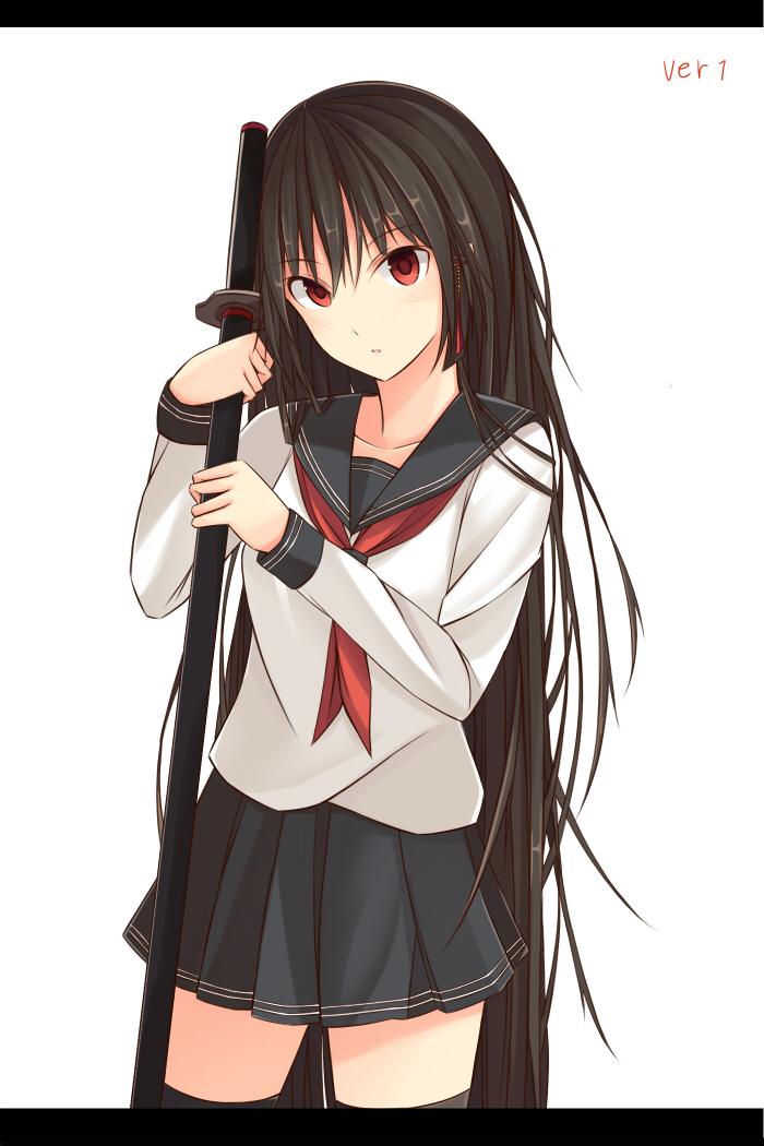 1girl black_hair black_legwear character_request copyright_request kanpyo_(hghgkenfany) katana letterboxed long_hair looking_at_viewer neckerchief pleated_skirt red_eyes school_uniform serafuku skirt solo sword thigh-highs very_long_hair weapon white_background zettai_ryouiki