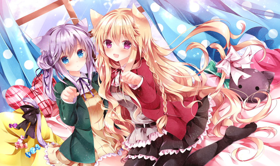2girls :d :o animal_ears bed_sheet belt black_legwear black_skirt blonde_hair blue_eyes blue_sky bon_bon bow braid candy cat_ears cat_pillow cat_tail checkered_pillow curtains dutch_angle green_jacket heart heart_pillow jacket looking_at_viewer multiple_girls nogi_takayoshi on_bed open_clothes open_jacket open_mouth original pantyhose paw_pose pillow pink_eyes polka_dot purple_hair red_jacket ribbon side_braid single_braid sitting skirt sky smile sunlight sweets tail window