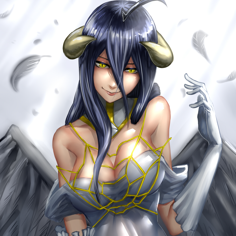 1girl ahoge albedo black_hair breasts dress elbow_gloves feathered_wings feathers gloves horns large_breasts long_hair odakojirou overlord_(maruyama) solo wings yellow_eyes
