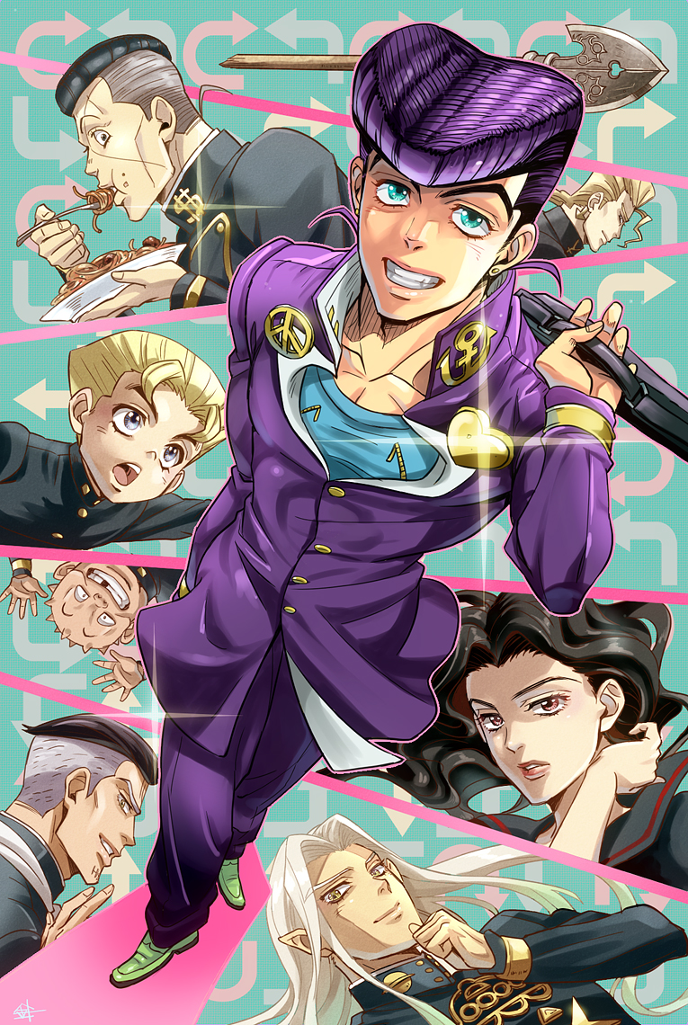 anchor_symbol arrow bag black_hair blonde_hair blue_eyes bookbag earrings eating food food_on_face fungami_yuuya gakuran green_eyes grey_hair grin hariyama_(toubou_tengoku) hazekura_mikitaka heart higashikata_jousuke hirose_kouichi jewelry jojo_no_kimyou_na_bouken long_hair meatball missing_tooth multicolored_hair nijimura_kyou nijimura_okuyasu open_mouth peace_symbol plate pointy_ears pompadour purple_hair red_eyes school_uniform serafuku shiny smile smug spaghetti two-tone_hair white_hair yamagishi_yukako yangu_shigekiyo yellow_eyes zipper