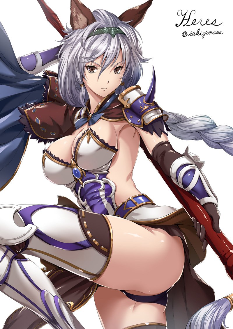 1girl animal_ears armor ass braid breasts cat_ears gloves granblue_fantasy heles large_breasts long_hair sakiyamama shoulder_pads silver_hair solo thigh-highs