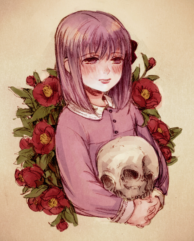 1girl child dress fate/zero fate_(series) flower haruhikohiko matou_sakura purple_hair skull solo violet_eyes