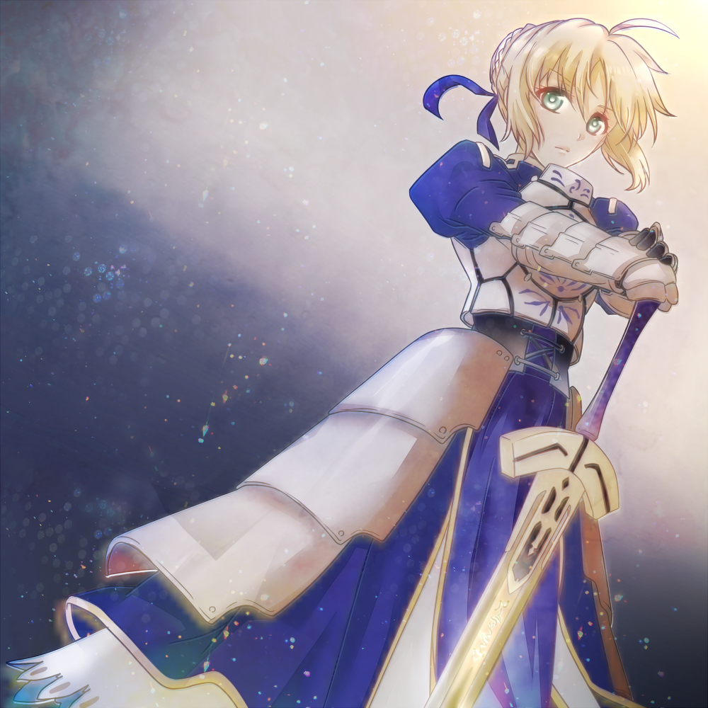 1girl ahoge avalon_(fate/stay_night) blonde_hair excalibur fate/stay_night fate_(series) gauntlets green_eyes planted_sword planted_weapon raminoa saber sheath sheathed solo sword weapon