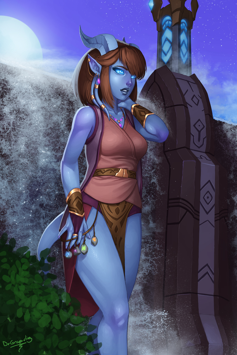 1girl blue_eyes blue_skin brown_hair dr_graevling draenei highres horns pointy_ears short_hair solo tail warcraft world_of_warcraft