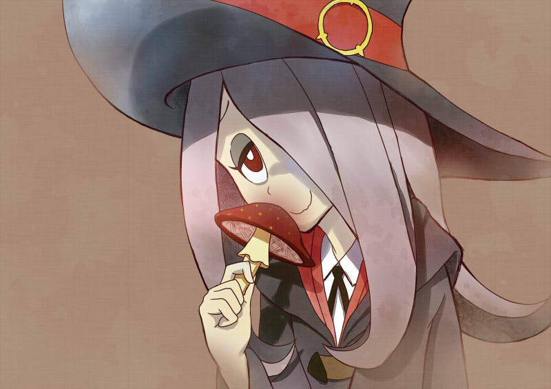 1girl grey_hair hair_over_one_eye hat little_witch_academia long_hair looking_at_viewer mushroom red_eyes simple_background smelling smile solo sucy_manbabalan tasuke_seinyuu wavy_mouth witch witch_hat